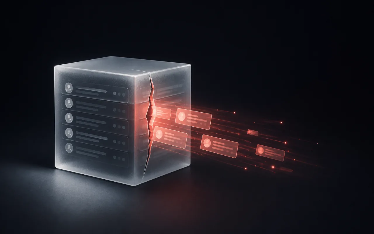 Customer record cards escaping through a crack in a glass data vault
