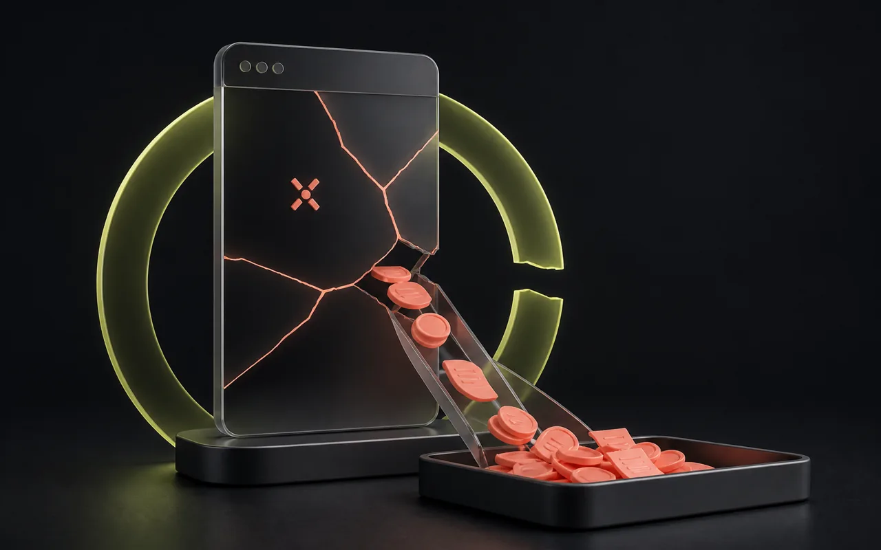 A cracked app window spilling refund tokens while a revenue ring breaks apart