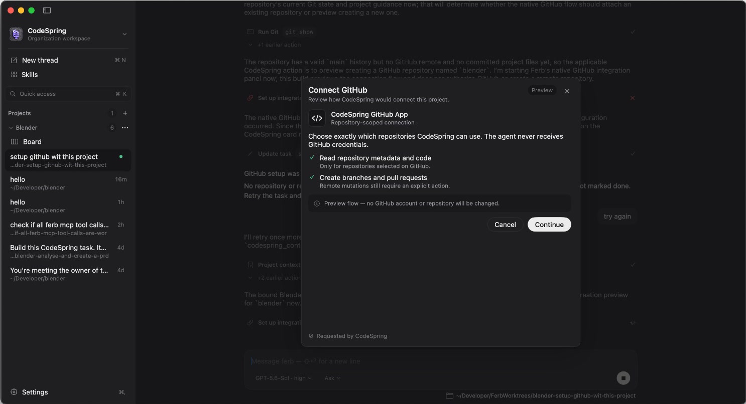 CodeSpring coding agent preview panel for connecting selected GitHub repositories