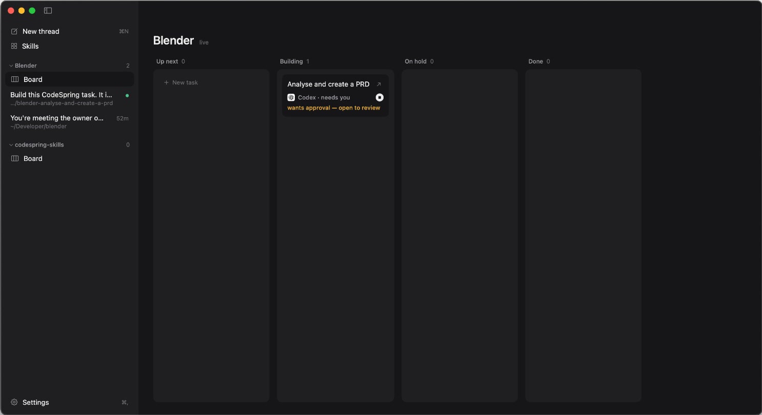 CodeSpring coding agent project board showing up next, building, on hold and done columns