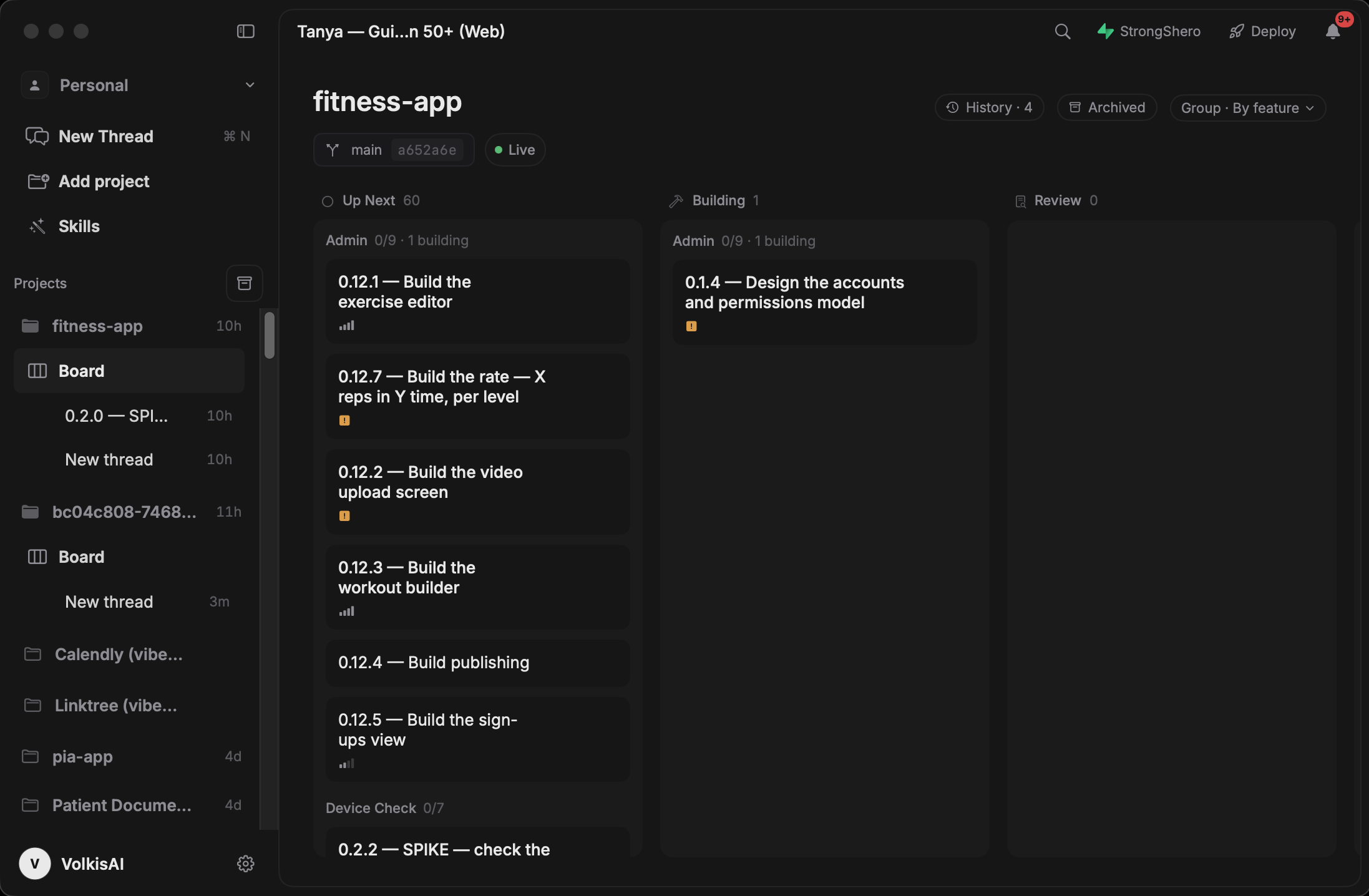 CodeSpring coding agent project board for a Supabase-backed app