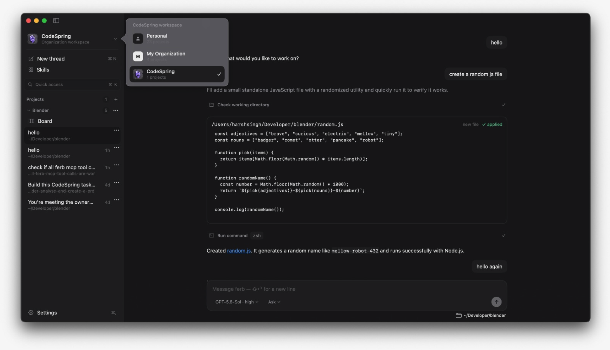 The CodeSpring coding agent showing an applied file change and command result