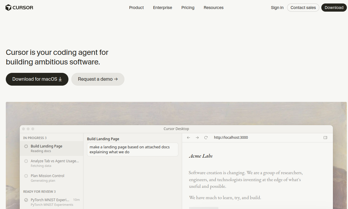 The Cursor Desktop coding-agent interface from Cursor's official homepage.